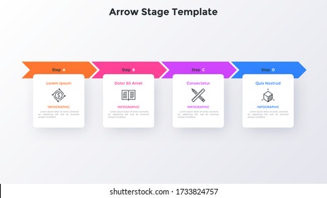 Progress Bar With Four Colorful Arrows And Paper White Square Elements Placed In Horizontal Row. Concept Of 4 Steps To Project Completion. Simple Infographic Design Template. Vector Illustration.