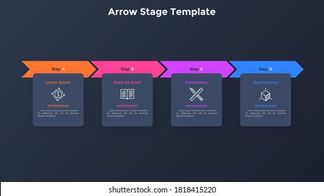 Progress bar with four colorful arrows and paper black square elements placed in horizontal row. Concept of 4 steps to project completion. Simple infographic design template. Vector illustration.