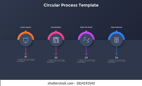 Progress bar with four paper black round elements placed in horizontal row. Concept of 4-stepped business development process. Simple infographic design template. Modern flat vector illustration.