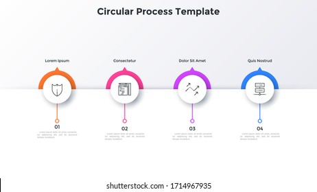 Progress bar with four paper white round elements placed in horizontal row. Concept of 4-stepped business development process. Simple infographic design template. Modern flat vector illustration.