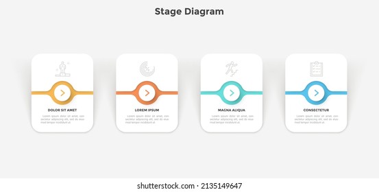 Progress bar with four paper white rectangular elements with pointers arranged in horizontal row. Concept of r steps of business process. Simple infographic design template. Flat vector illustration.