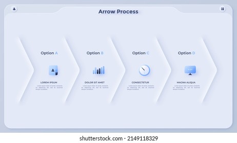 Progress bar with four paper white arrows arranged in horizontal row. Concept of 4 steps to strategic planning. Minimal infographic design template. Modern neumorphic vector illustration for report.