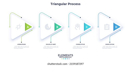 Progress bar with four paper white triangular pointers placed in horizontal row. Concept of 4 steps of business project development. Minimal infographic design template. Flat vector illustration.