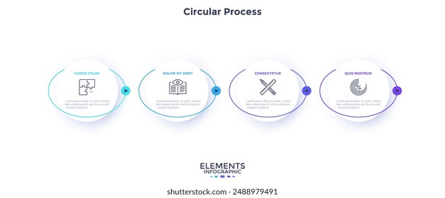 Progress bar with four paper white round elements placed in horizontal row and connected by arrows. Concept of 4-staged business process. Simple infographic design template. Flat vector illustration.