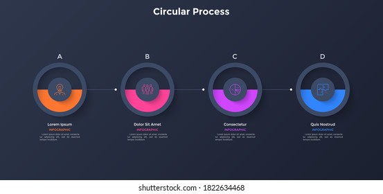 Progress bar with four round elements placed in horizontal row and connected. Concept of 4 steps of business strategy. Simple infographic design template. Modern vector illustration for presentation.