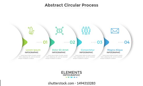 Progress bar with four round paper white elements with arrows or pointers. Concept of 4 steps of business development. Simple infographic design template. Vector illustration for presentation, banner.