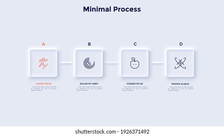 Progress bar with four square elements placed in horizontal row and connected by line. Concept of 4 steps of business process. Neumorphic infographic design template. Clean vector illustration.