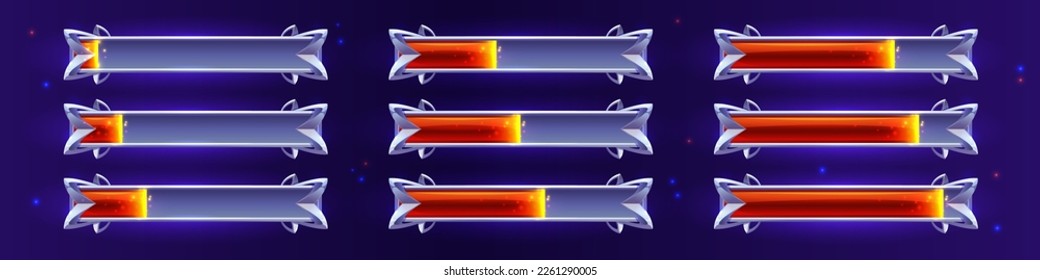 Progress bar game interface design isolated set in vector. Cartoon level loading speed ui indicator. Life or xp status in percent to fill panel. Orange energy gradient tube element for arcade rpg.