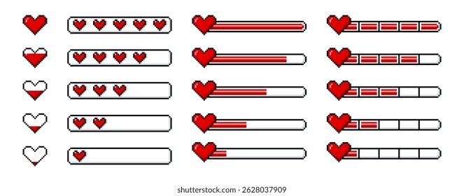 Progress bar game menu with heart symbol pixel art Y2K vector icons set. Retro level scales for ui ux game design user interface. Cartoon gauge scores of life, energy, health or time 8 bit style
