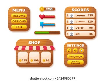 Progress bar, game menu items set. Vector buttons for ui game design user interface. Cartoon scores, shop, achievement levels, settings. Control and navigation big kit assets on wood texture