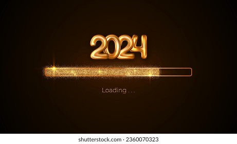 Progress bar with golden particles on black Download New Year's Eve. Loading animation screen with Glitter confetti shows almost reaching 2024. Creative festive banner with shiny progress bar