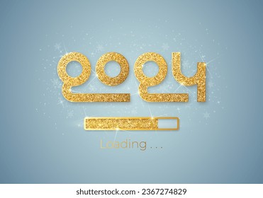 Progress bar with golden particles on white Download New Year's Eve. Loading animation screen with Glitter confetti shows almost reaching 2024. Creative festive banner with shiny progress bar.
