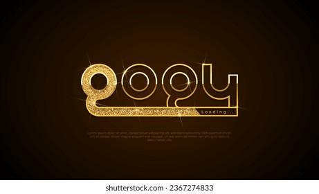 Progress bar with golden particles on black Download New Year's Eve. Loading animation screen with Glitter confetti shows almost reaching 2024. Creative festive banner with shiny progress bar.