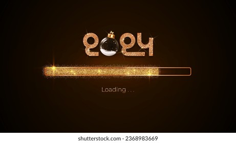 Progress bar with golden particles on black Download New Year's Eve. Loading animation screen with Glitter confetti shows almost reaching 2024. Creative festive banner with shiny progress bar.