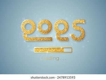 Progress bar with golden particles on white Download New Year's Eve. Loading animation screen with Glitter confetti shows almost reaching 2025. Creative festive banner with shiny progress bar.