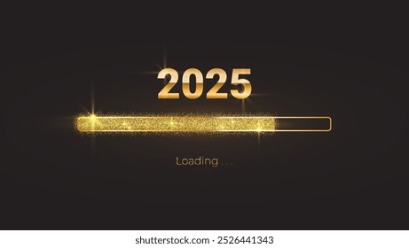 Barra de progreso con partículas doradas en Descarga negra Nueva víspera de año. Pantalla de animación de carga con confeti Glitter muestra casi llegando a 2025.