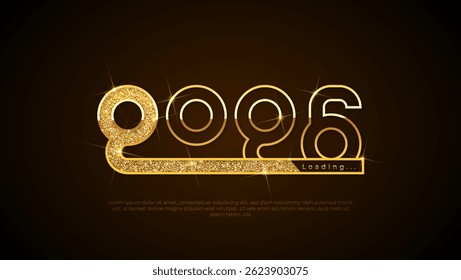 Progress bar with golden particles on black Download New Year's Eve. Loading animation screen with Glitter confetti shows almost reaching 2026. Creative festive banner with shiny progress bar.