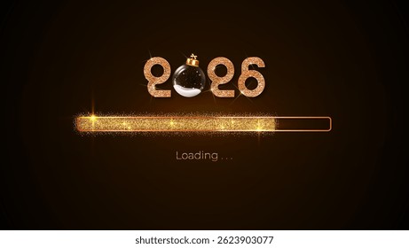 Progress bar with golden particles on black Download New Year's Eve. Loading animation screen with Glitter confetti shows almost reaching 2026. Creative festive banner with shiny progress bar.