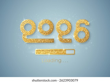 Progress bar with golden particles on white Download New Year's Eve. Loading animation screen with Glitter confetti shows almost reaching 2026. Creative festive banner with shiny progress bar.