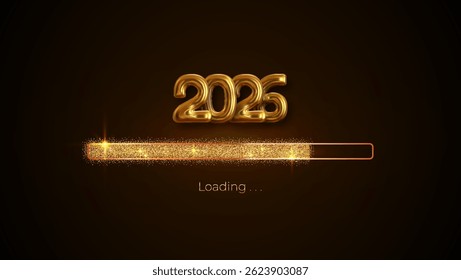Progress bar with golden particles on black Download New Year's Eve. Loading animation screen with Glitter confetti shows almost reaching 2026. Creative festive banner with shiny progress bar