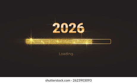 Progress bar with golden particles on black Download New Year's Eve. Loading animation screen with Glitter confetti shows almost reaching 2026.