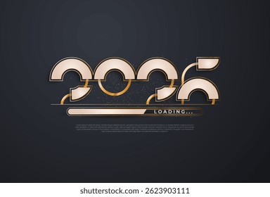 Progress bar with golden and white on black Download New Year's Eve. Loading animation screen with Glitter confetti shows almost reaching 2026. Creative festive banner with shiny progress bar.