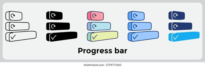 Progress Bar icon represents task completion status and visual progress in dashboards. Line, Filled, Color style.