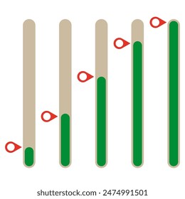 Progress bar indicators. Beige and green colors. Red pointers on levels. Vector illustration.