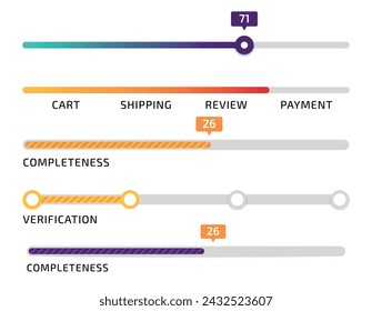 Progress bar. Infographic design. Chart numbers. Loading process. Measurement line. Sequence step icons. Verification phases. Level diagram. Business presentation. Vector data indicator elements set