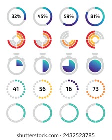 Progress bar. Infographic design. Loading process. Measurement circles. Chart percent numbers. Business presentation. Time infochart. Statistic scheme. Vector progressive data indicator elements set
