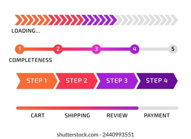 Progress bar. Infographic design. Loading process. Measurement line. Complete diagram. Sequence steps. Business presentation. Shopping phases scale. Chart numbers. Vector data indicator elements set