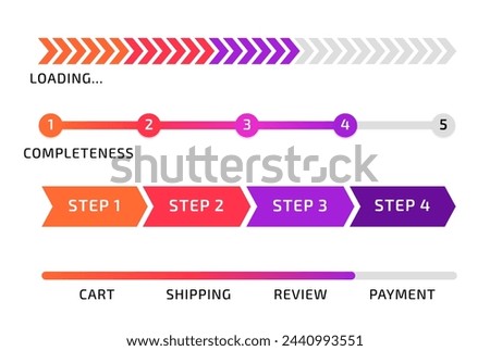 Progress bar. Infographic design. Loading process. Measurement line. Complete diagram. Sequence steps. Business presentation. Shopping phases scale. Chart numbers. Vector data indicator elements set