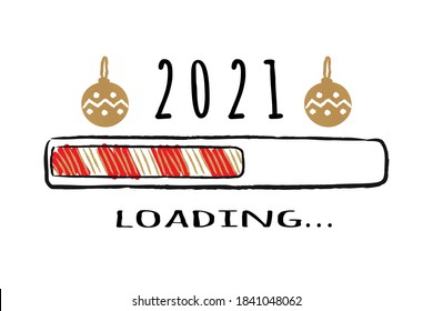 Progress bar with inscription - 2021 loading in sketchy style. Vector christmas, New Year illustration