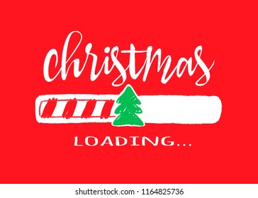 Progress bar with inscription - Christmas loading.in sketchy style on red background. Vector christmas illustration for t-shirt design, poster or greeting card.