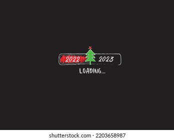 Barra de progreso con inscripción - carga navideña 2022 a 2023 y árbol de abeto con estilo esquemático. Ilustración vectorial de Navidad. El concepto de tarjeta de invitación de Año Nuevo y Saludos.