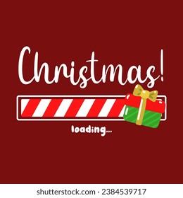 The progress bar with the inscription - Christmas loading in a schematic children's style. Vector Christmas illustration for the design of a T-shirt, poster or greeting card. Loading with a gift box