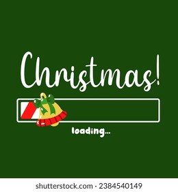 La barra de progreso con la inscripción - carga navideña en un esquemático estilo infantil. Ilustración vectorial de Navidad para el diseño de una camiseta, afiche o tarjeta de saludo. Cargando con una campana