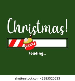 The progress bar with the inscription - Christmas loading in a schematic children's style. Vector Christmas illustration for the design of a T-shirt, poster or greeting card. Loading with a cocoa mug