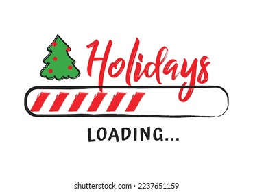 Barra de progreso con inscripción - Fiestas cargando y doodle árbol de Navidad en estilo esquemático. Ilustración de Año Nuevo. Ilustración vectorial de Navidad para el diseño de camisetas, afiche o tarjeta de saludo.