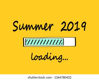 Progress bar with inscription - Summer 2019 loading. Vector illustration with mango color background. Perfect for t-shirt design, poster, card. Doodle style