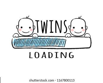 Progress bar with inscription - Twins loading and newborn boys smiling faces in sketchy style. Vector illustration for t-shirt design, poster, card, baby shower decoration