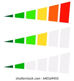 Progress bar, level indicator in perspective. 6-step progress bar with green, yellow, red colors. Progression, completion, buffer icon at different levels