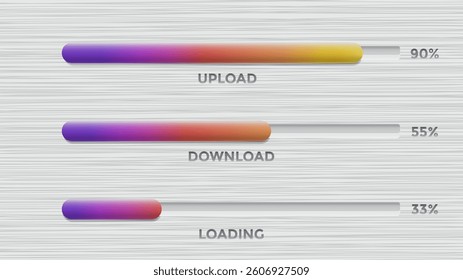 Progress Bar Load UI Vector. Neon Game Download Process Status. Graphic Data Upload Graph. 3D Technology Loading Shining Black Blue Gradient.Futuristic Digital Upgrade Banner. Appli User Interface