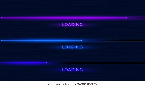 Progress Bar Load UI Vector. Neon Game Download Process Status. Graphic Data Upload Graph. 3D Technology Loading Shining Black Blue Gradient.Futuristic Digital Upgrade Banner. Appli User Interface