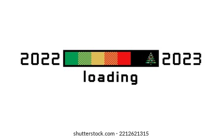 Barra de progreso cargando Año Nuevo 2022 a 2023 en diseño de píxeles.