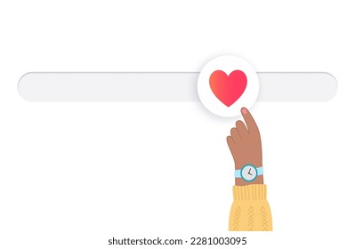 Progress bar of love, relationship meter. Valentine day concept. Scale of partnership satisfaction. Passion measuring indicator. Heart symbol. Love UI element for web isolated flat vector illustration