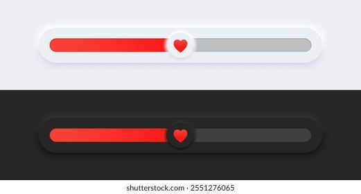 Progress bar of love, relationship meter in black and white bar. Gauge with level good emotion in Valentine day, 3D neumorphic style design for website, app Vector illustration.