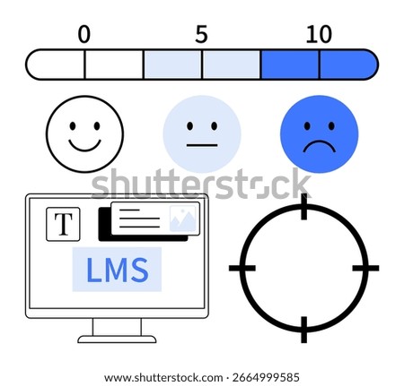 Progress bar with numbers 0-10, happy face icons showing different sentiments, LMS interface on computer screen, and a target icon. Ideal for education, feedback systems, user experience, data