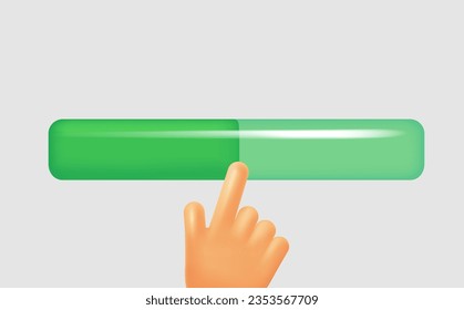 Progress bar with pionting finger. Loading data concept. 3d vector illustration