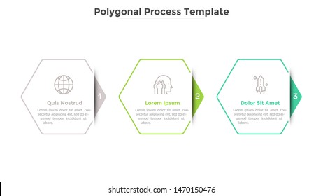 Progress bar or process chart with three hexagonal paper white elements. Concept of 3 successive steps of startup development. Flat infographic design template. Vector illustration for presentation.